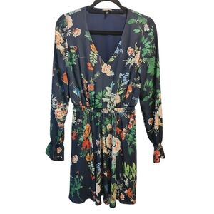 Express Long Sleeve V Neck Dress Blue Floral Birds Tropical Mini Length Small